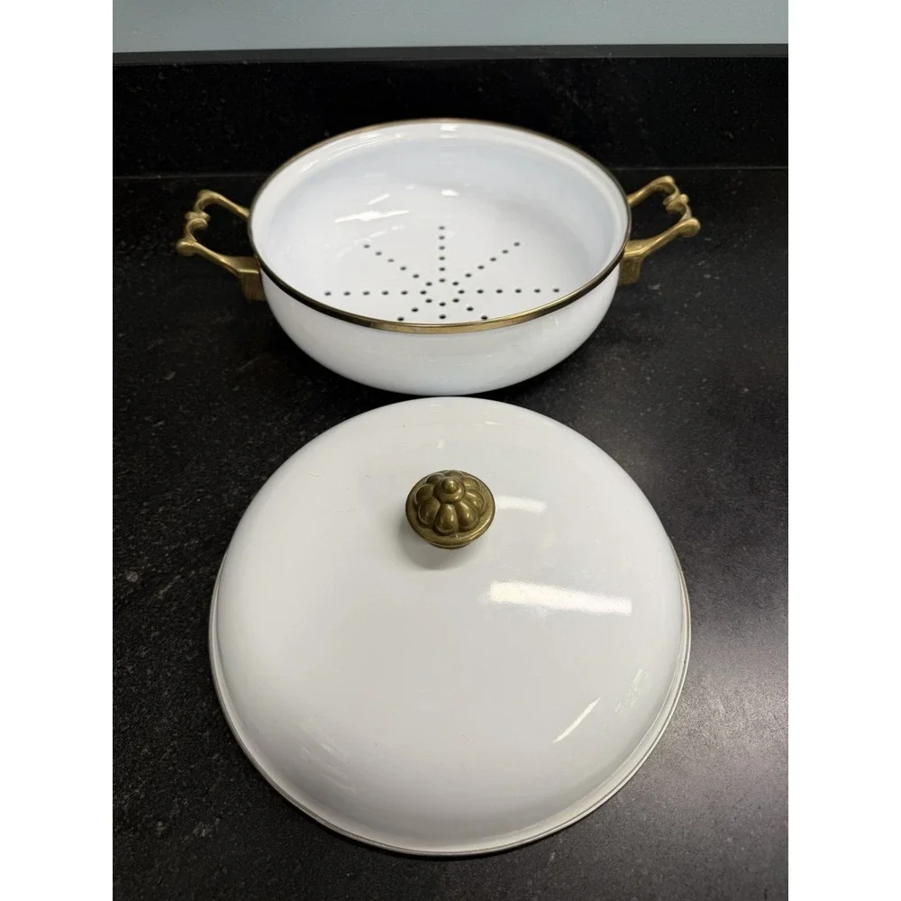 Vintage Bon Chef White Enamel Steamer Pan w Lid Brass Handles Buffet Ware